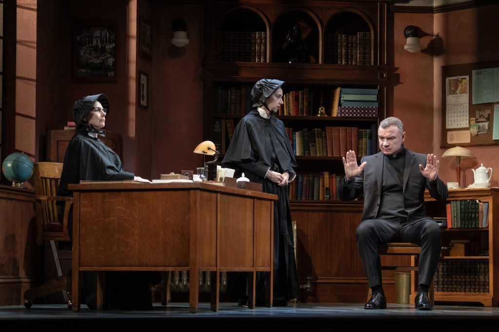 (L to R): Amy Ryan (Sister Aloysius), Zoe Kazan (Sister James), Liev Schreiber (Father Flynn) in 'Doubt: A Parable' by John Patrick Shanley, directed by Scott Ellis (Joan Marcus)