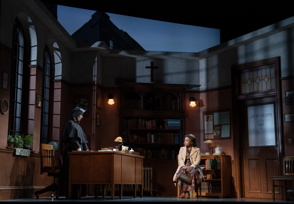 (L to R): Amy Ryan (Sister Aloysius) and Quincy Tyler Bernstine (Mrs. Muller) in 'Doubt: A Parable' by John Patrick Shanley, directed by Scott Ellis. (Joan Marcus)